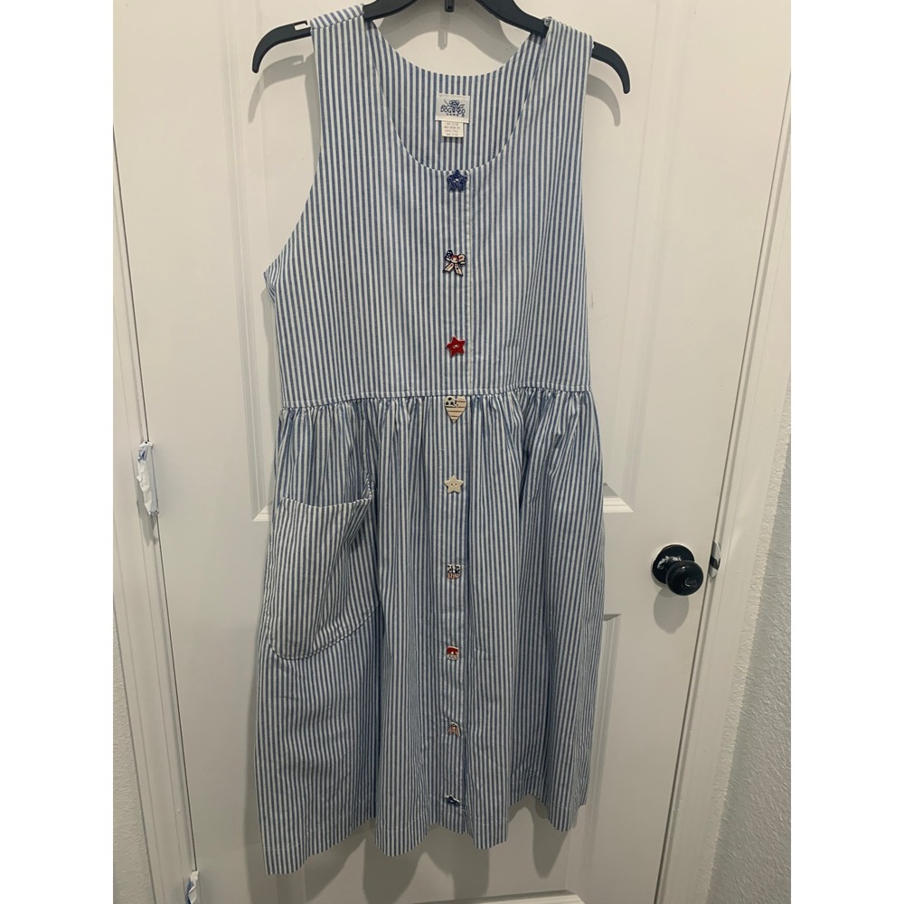 Dogwood Lane Vintage Seersucker Stripe Jumper Dress Americana Novelty Buttons L